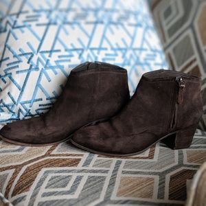 Dark brown suede Clark's booties with stacked heel